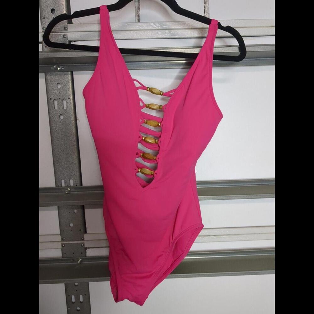 BLEU BY ROD BEATTIE BEADED-COUTOUT ONE-PIECE SWIMSUIT COLOR ROSE RED SIZE 4 NEW